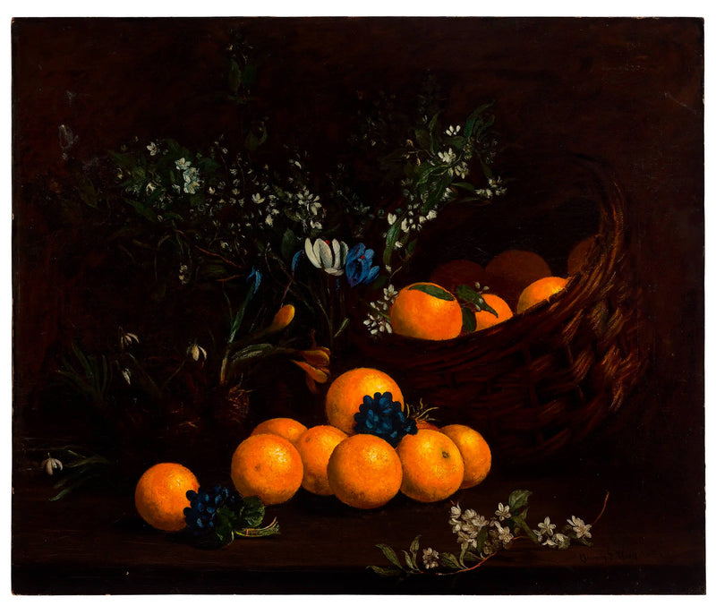 Eleanor S. Wood (1857-1936) - Still Life with Oranges, Crocuses, and Hydrangeas in a Basket