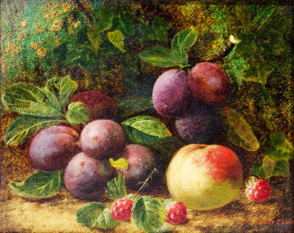 Tableau Oliver CLARE - Still Life with Plums, Raspberries, and a Peach on a Mossy Bench - nature morte du XIXème