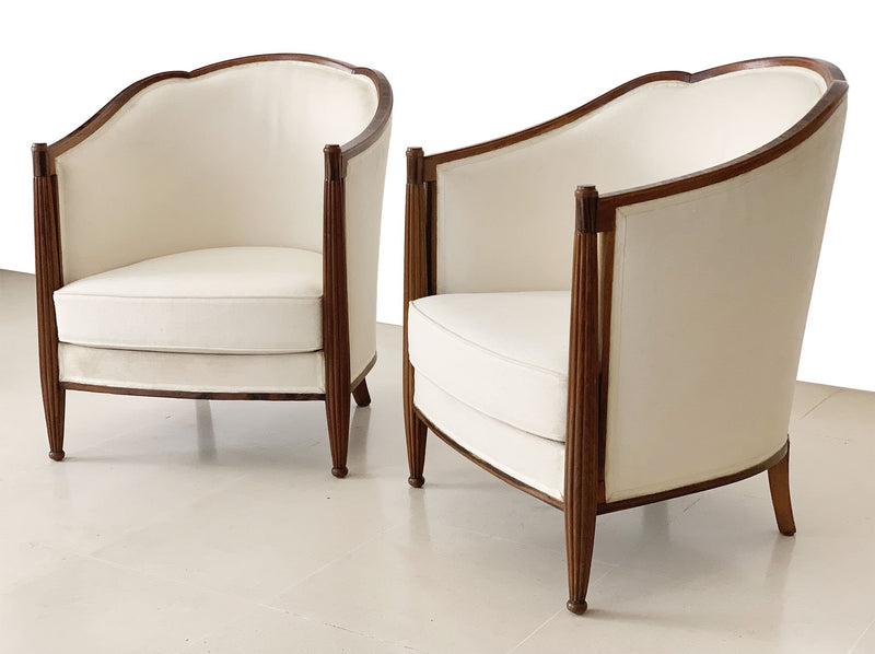 Detail des 2 fauteuils dans le gout de Paul Follot | fauteuils et banquette art deco tissus et inserts en ebene de macassar - antiquaire - galerie florentine