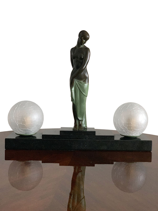Ondine Lumineuse - Max Le Verrier - Fayral - Pierre Le Fagays - Lampe en bronze ART DECO à globe craquelé - Galerie florentine - antiquaire en ligne