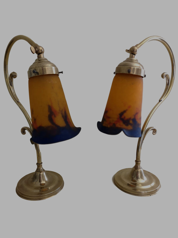 Paire de Lampe col de cygne sur pied ART NOUVEAU - verres MULLER Frères Lunéville