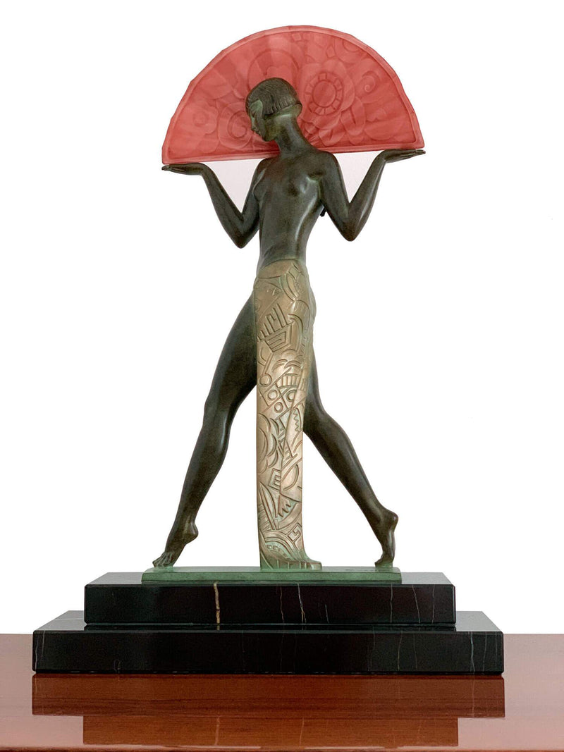 ESPANA - Guerbe pour Max Le Verrier - sculpture lampe ART-DECO - Femme à l'eventail