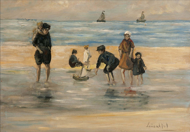 Tableau Louis Van Der Pol (1896 - 1982) - La famille jouant sur la plage - Huile sur panneau