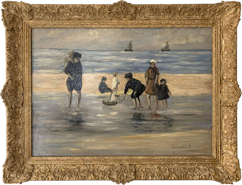Tableau Louis Van Der Pol (1896 - 1982) - La famille jouant sur la plage - Huile sur panneau